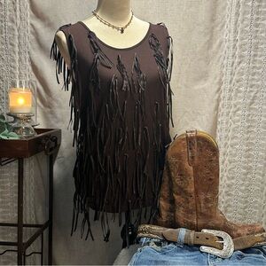 Lily Embellished Fringe Brown Sleeveless Tank Top